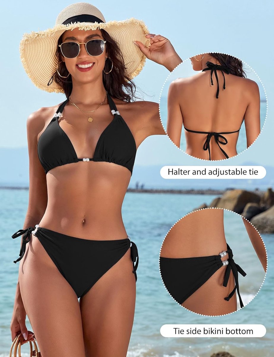 Bikini-set voor dames, haltertop, triangel-bikinitop en bikinibroek, met trekkoord, hoge taille, effen, 2-delig, sexy strand