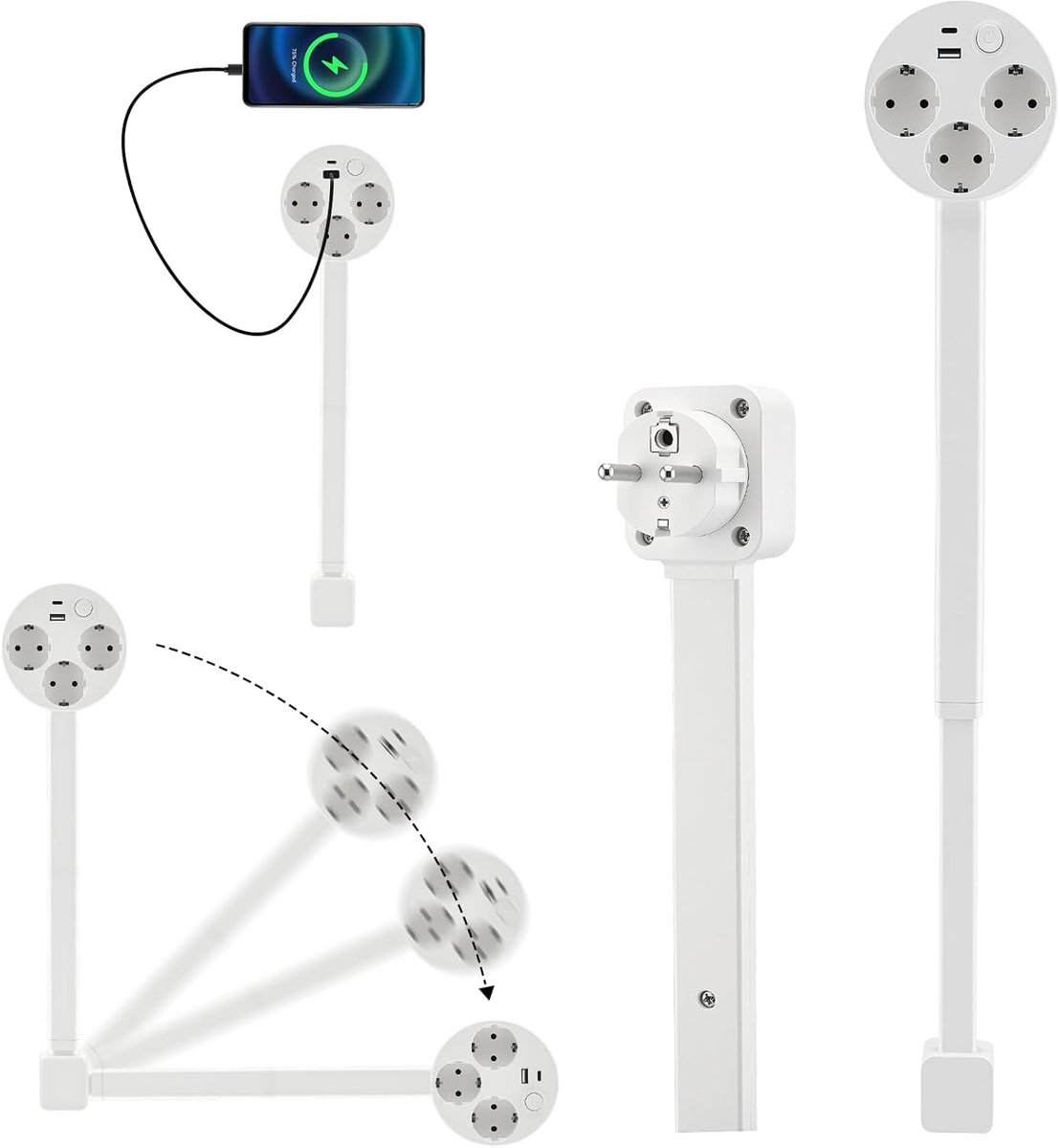 SnelShoppen - Stopcontactverlenging met Uittrekbare Verlengstang (44-67 cm), 180° Draaibaar, 5-voudig Stopcontact, 1 USB-A, 1 USB-C, 3 AC-uitgangen, I