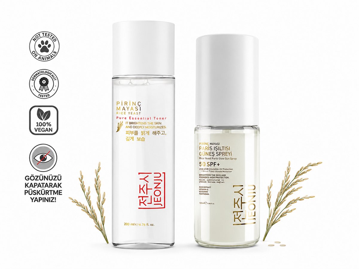 Jeonju Rice Yeast Skincare Set - Pure Essential Toner 200 ml & Paris Glow Sun Spray SPF50+ 120 ml - Hydraterend & Zonbescherming