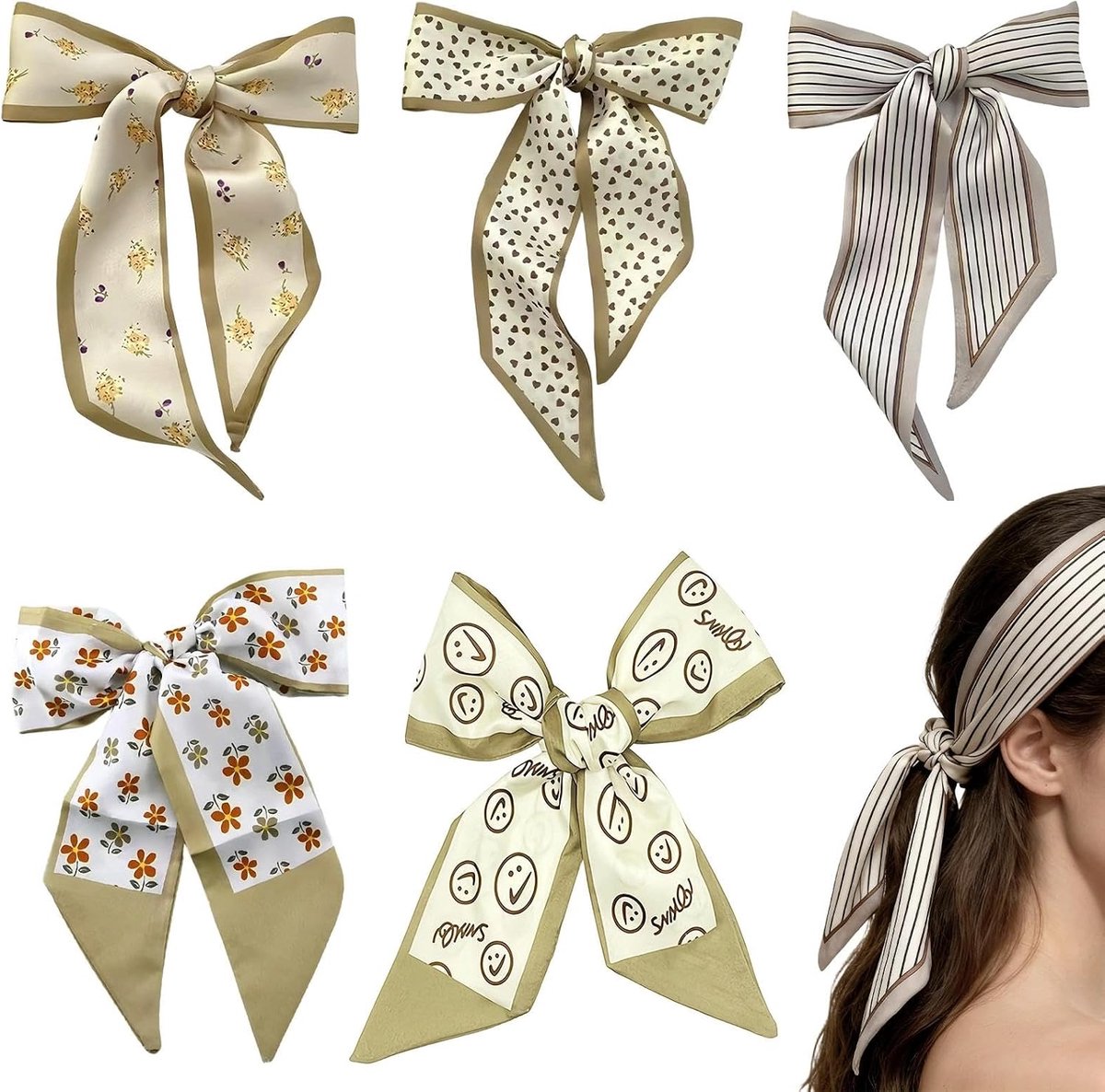 5 stuks smalle halsdoek voor dames, polyester doek voor tas, 5 verschillende patronen, haardoek voor dames, om te binden, zachte aanraking, voor haar, hals, pols en tassen