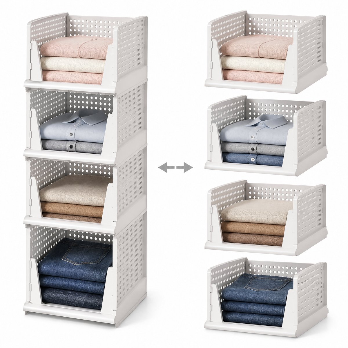 Stapelbare opbergmanden set van 4 - Uitschuifbare kledingkast organizer - Opvouwbare PP ladeboxen voor kleding en wasgoed - 33,5 x 43 x 14,2 cm - Wit