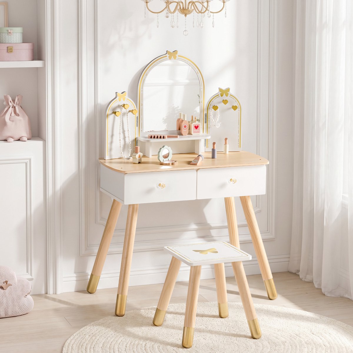 Robotime - ROBUD Houten Kaptafel met Spiegel en Kruk - Educatief Make Up Speelgoed voor Meisjes - Kinderkamer Decoratie Vanaf 3 Jaar