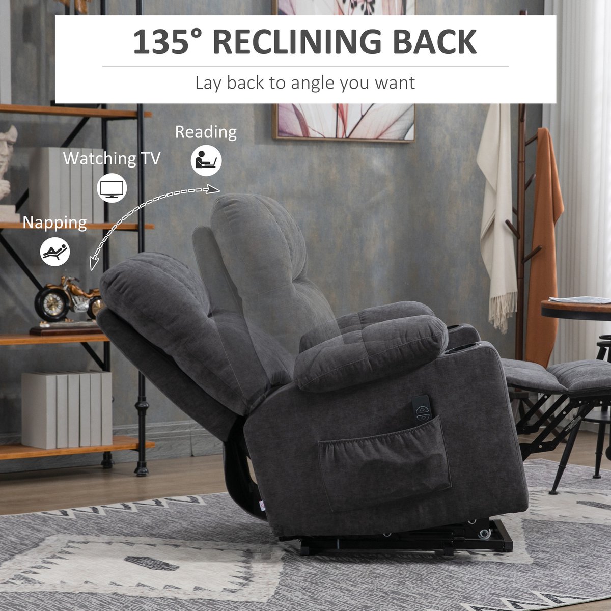 HOMCOM Sta-op fauteuil met massage- en warmtefunctie - Relaxfauteuil, opstahulp stoel - Donkergrijs – foto 8