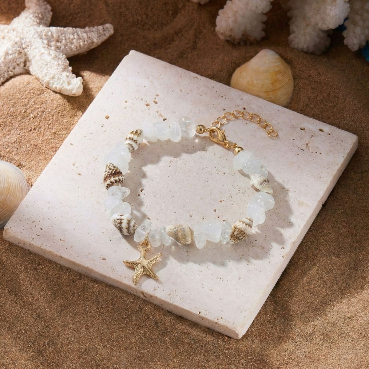 Damesarmband – 18+5 cm– Ketting met zeester en schelp (imitatie) – Armband van trommelsteentjes in strandstijl – Kralenketting met oceaanthema – Kralensieraden voor dames – Kralenketting voor feestjes met strandvibe – Geschikt voor dagelijks gebruik