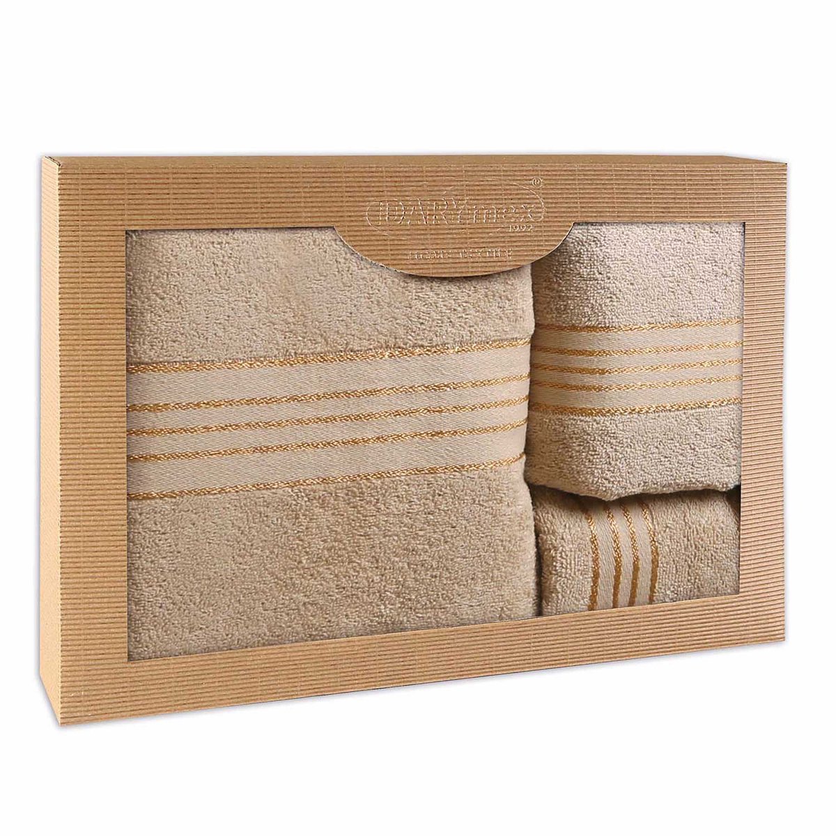 Darymex Premium - Handdoekenset - 3-delig (30x50, 50x90 & 70x140) - 100% Katoen - Kleur Cappuccino in Luxe Cadeaudoos