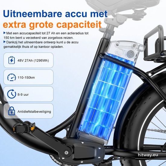 Hitway Elektrische Fiets BK6S Plus R - 20*4.0 Inch Fat Tire City Commuter EBike met Afneembare 48V 27 Ah BMS Lithium Batterij - Mountain E-Bike met 250W Motor - 7 Versnellingen - Maximale Actieradius tot 140-160 KM - Compatibel met APP en NFC van Hitway — afbeelding 3