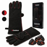 XCelsius® BBQ Handschoenen Splitleer – TÜV Gecertificeerd EN407 – Hittebestendige Barbecue Handschoenen en Ovenhandschoenen – Voor Kamado, Gietijzer, Roosters en Heat Deflectors – Cadeaus voor Mannen – 1 Paar – Zwart met Rood