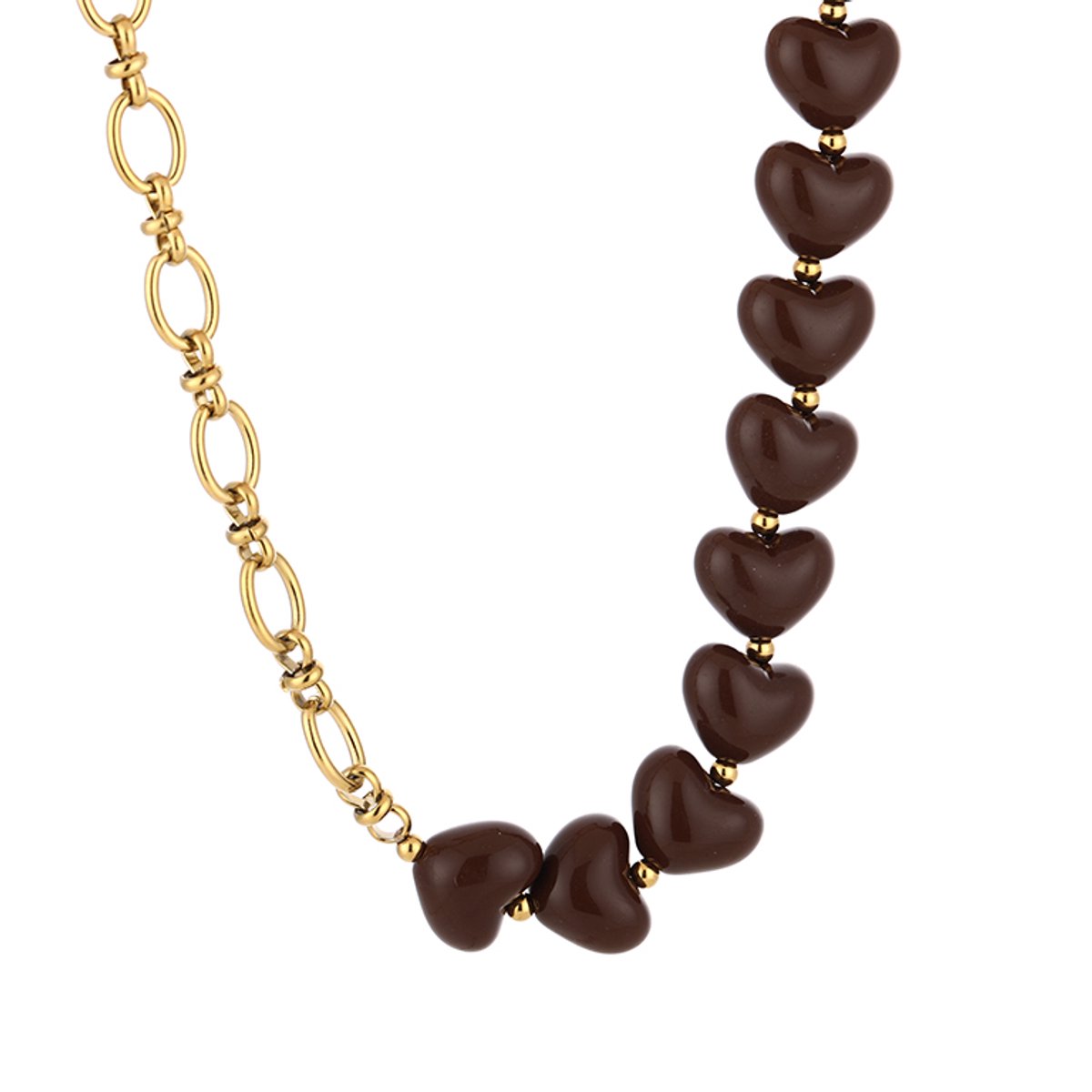 Heart Bead & Paperclip Chain Necklace – Harten Kralen Ketting – RVS - Bruin