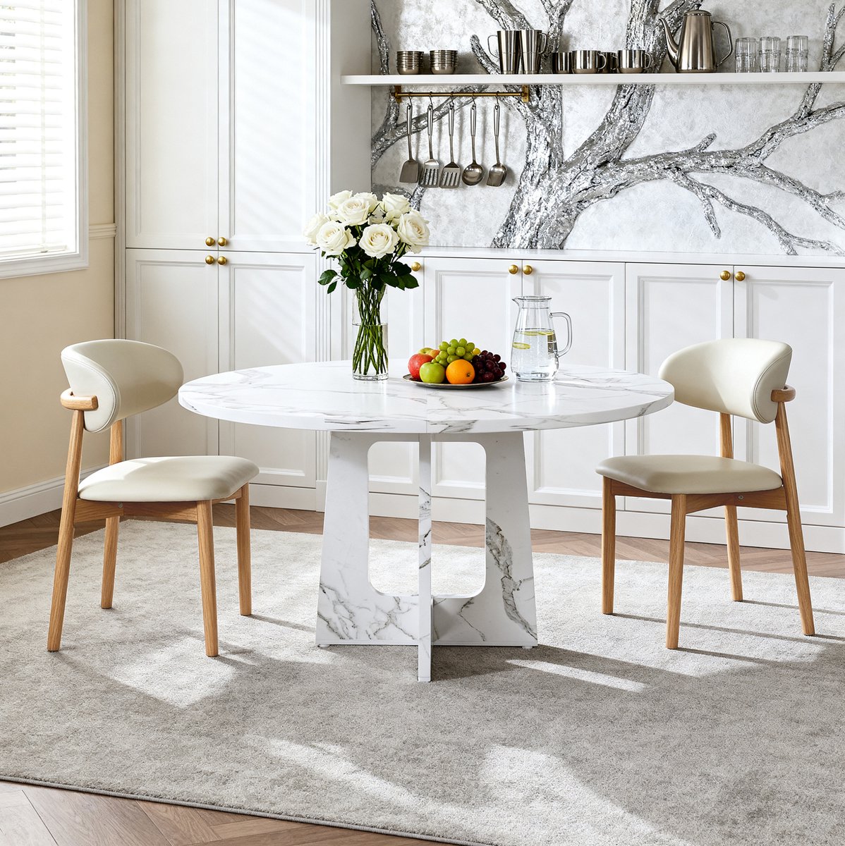 MODFU Eetkamerset - Rond - Marmerlook - Wit - Hout