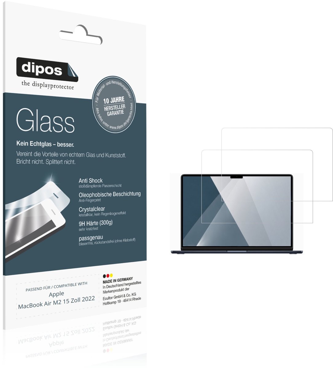 dipos – 2x Pantserfolie geschikt voor Apple MacBook Air M2 15 Inch 2022 | 9H Screenprotector