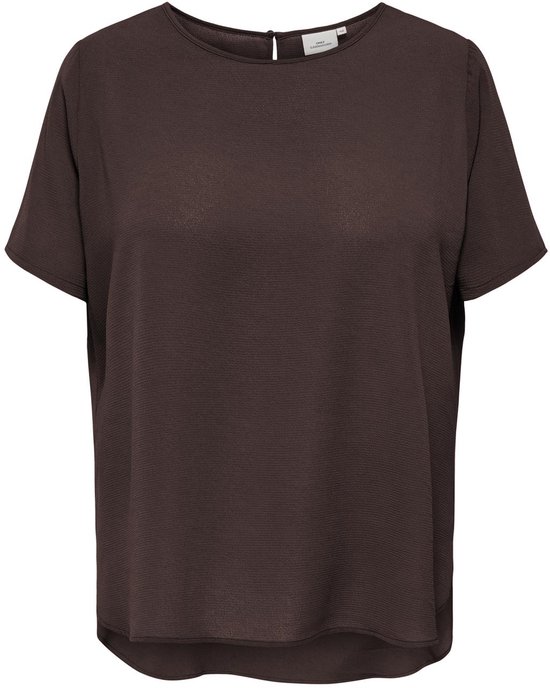 Bruin T-shirt met korte mouwen en ronde hals, met een subtiel geribbelde textuur.