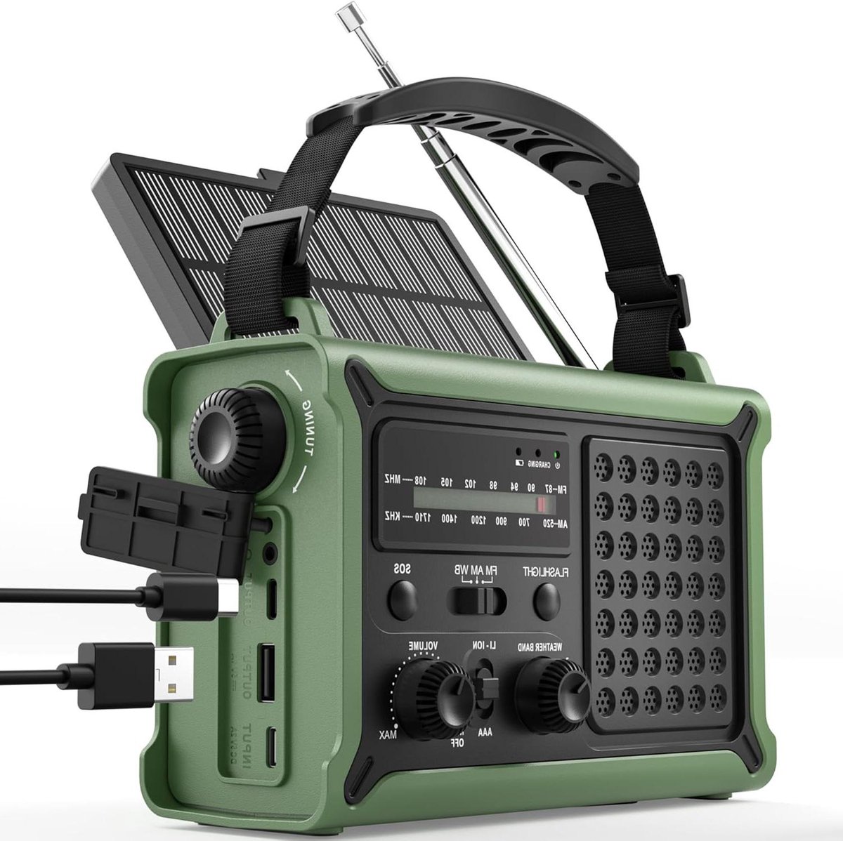 Noodradio met Zonnepaneel - Oplaadbare Radio Crank - Kamperen en Noodsituaties - Groot Zonnepaneel 8500mm² - 12000mAh Batterij - Groen
