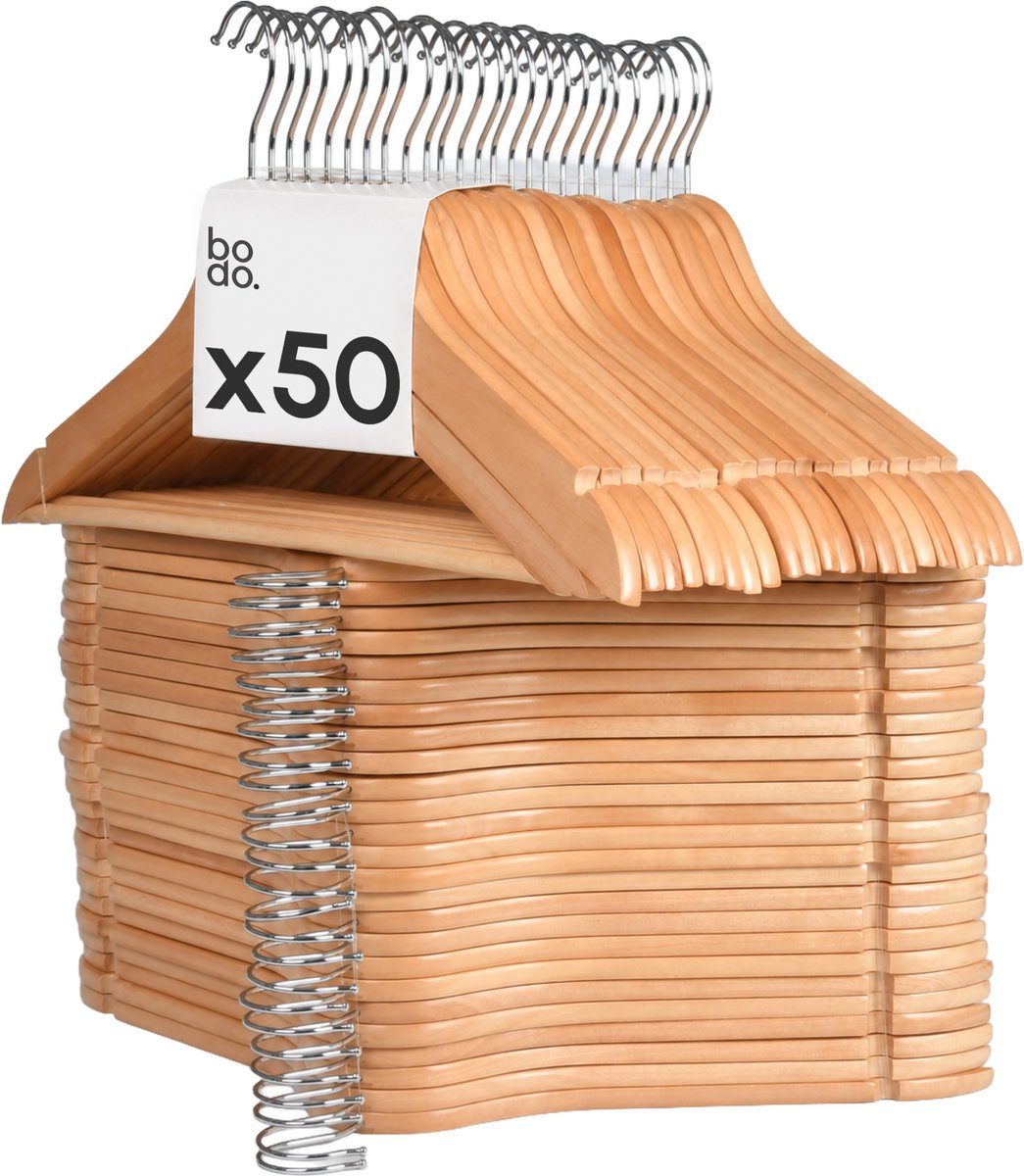 Kledinghangers - 50 stuks - hout naturel - Bodo