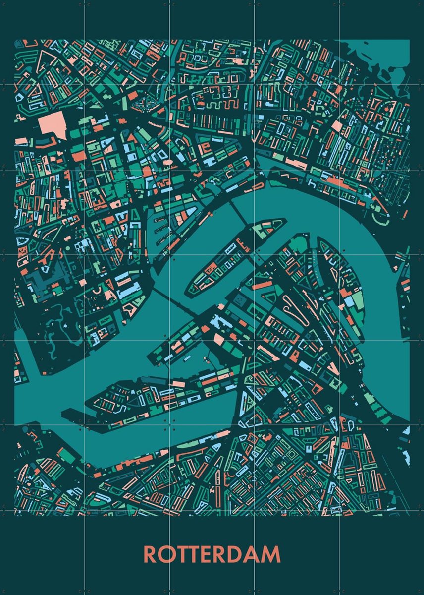 IXXI Rotterdam Mozaïek Teal, Kunst in Kaart - 100 x 140 cm - Gratis ophangtool - Grote wanddecoratie en posters - Geometrische Kunst, Modern