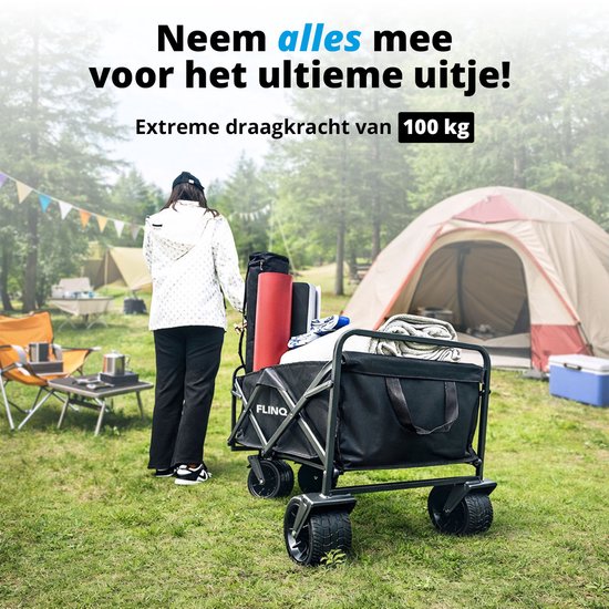 FlinQ Bolderkar met Dak tot 130 KG - Opvouwbaar - Strandkar met Duwstang - Inklapbare Bolderwagen voor Strand - 100L Inhoud met Draaibare Wielen - Zwart van FlinQ — afbeelding 4