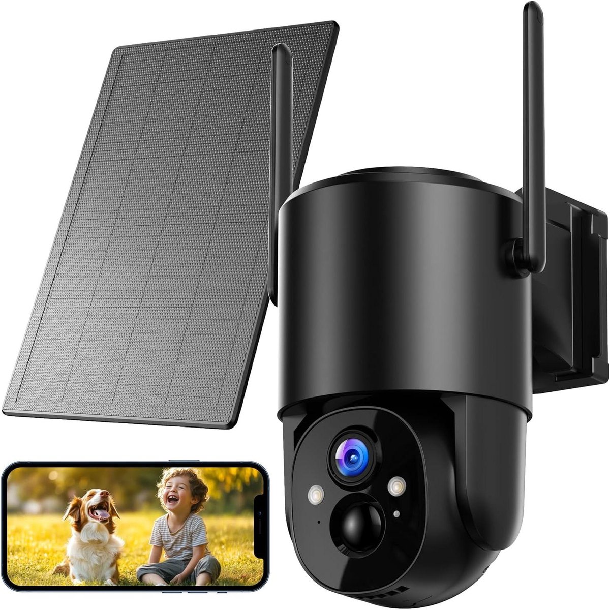 Bewakingscamera Buiten - Zonnecamera Wifi - Huis Beveiligen - 2K Kleur Nachtzicht - 360 Graden Dekking - Zwart