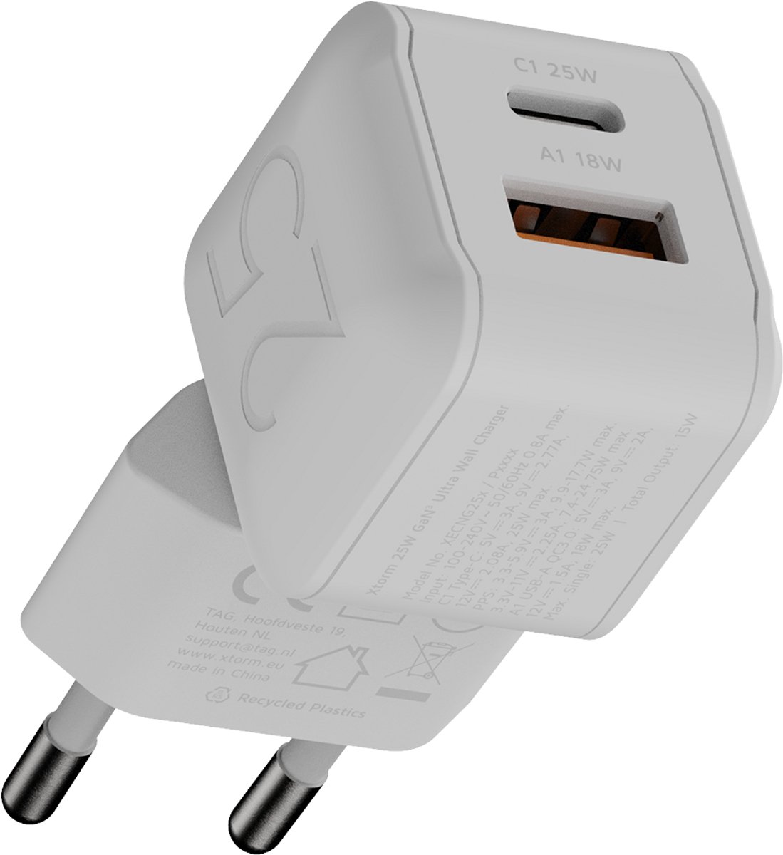 Xtorm USB-C Oplader 25W – USB-C Snellader – Telefoon Oplader – GaN³ – USB-C & USB-A – Wit