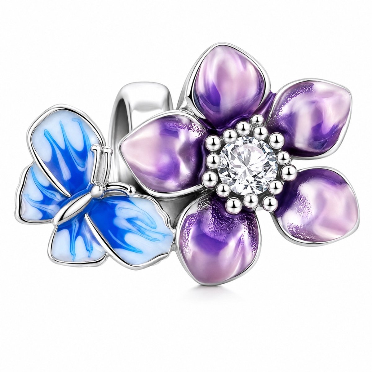 RomyStones Bloem en Vlinder Bedel – 925 Sterling Zilver – Blauw Paars – Zirkonia – Voor 3 mm Bedelarmband