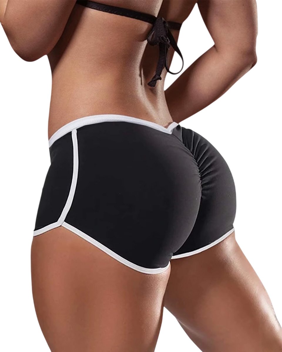 Sportshort Dames Lage Taille – Elastische Fitness Short & Gym Short met Plooidetail voor Zomer - Zwart - Maat L