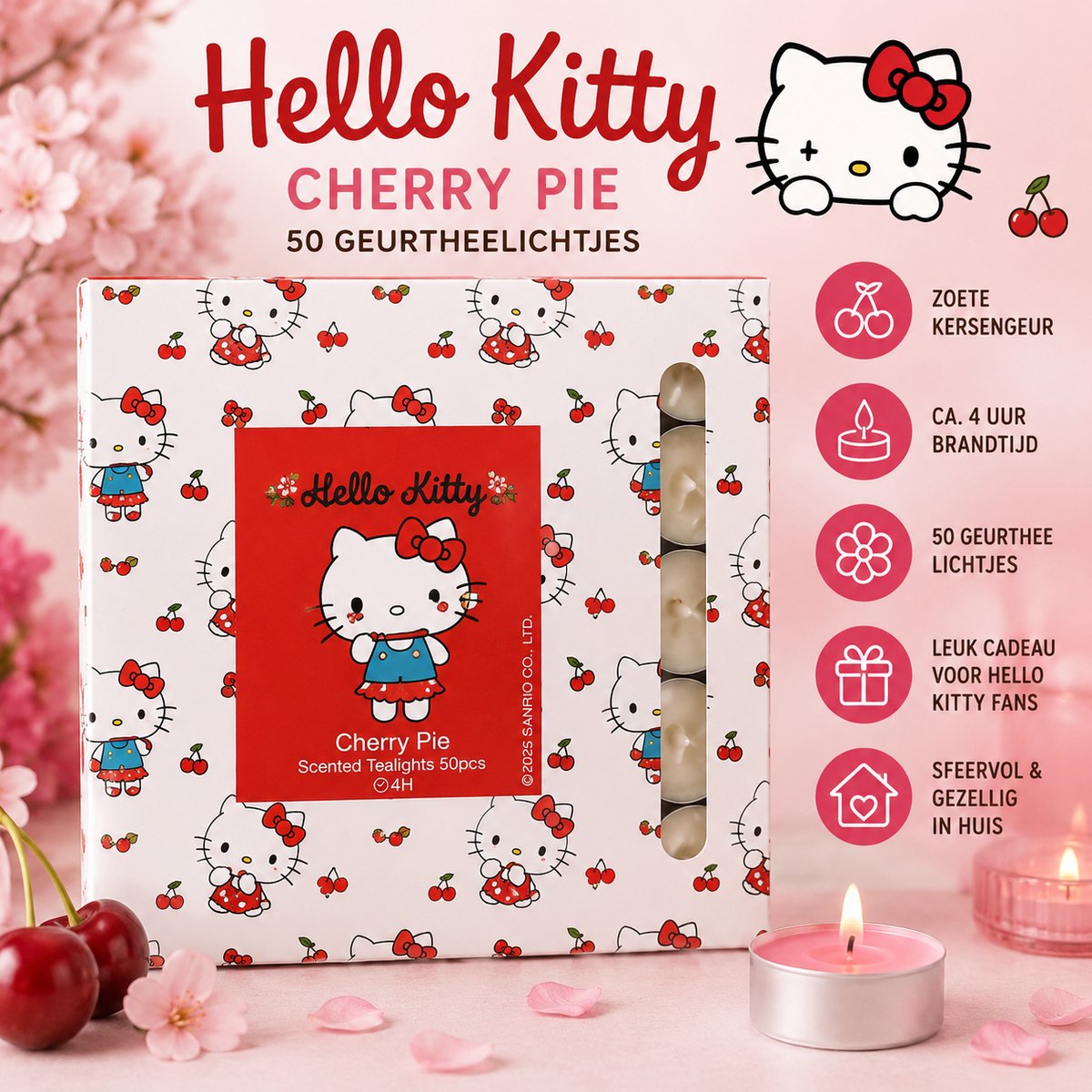 Hello Kitty Geurkaarsen – Cherry Pie – 50 Geurtheelichtjes – 4 Branduren – Cadeauset
