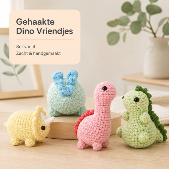 Vier gehaakte dinosauriërs: een gele Triceratops, roze Brontosaurus, groene T-Rex en een mintgroene dino.