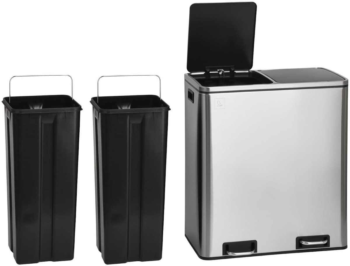 Afvalscheidingsprullenbak 2 x 30L - RVS Pedaalemmer 60 Liter - Soft Close Deksel - Dubbele Binnenemmers - Geurvrij Afval Scheiden - Afvalbak Keuken - Duo Prullenbak - Recycle Prullenbak