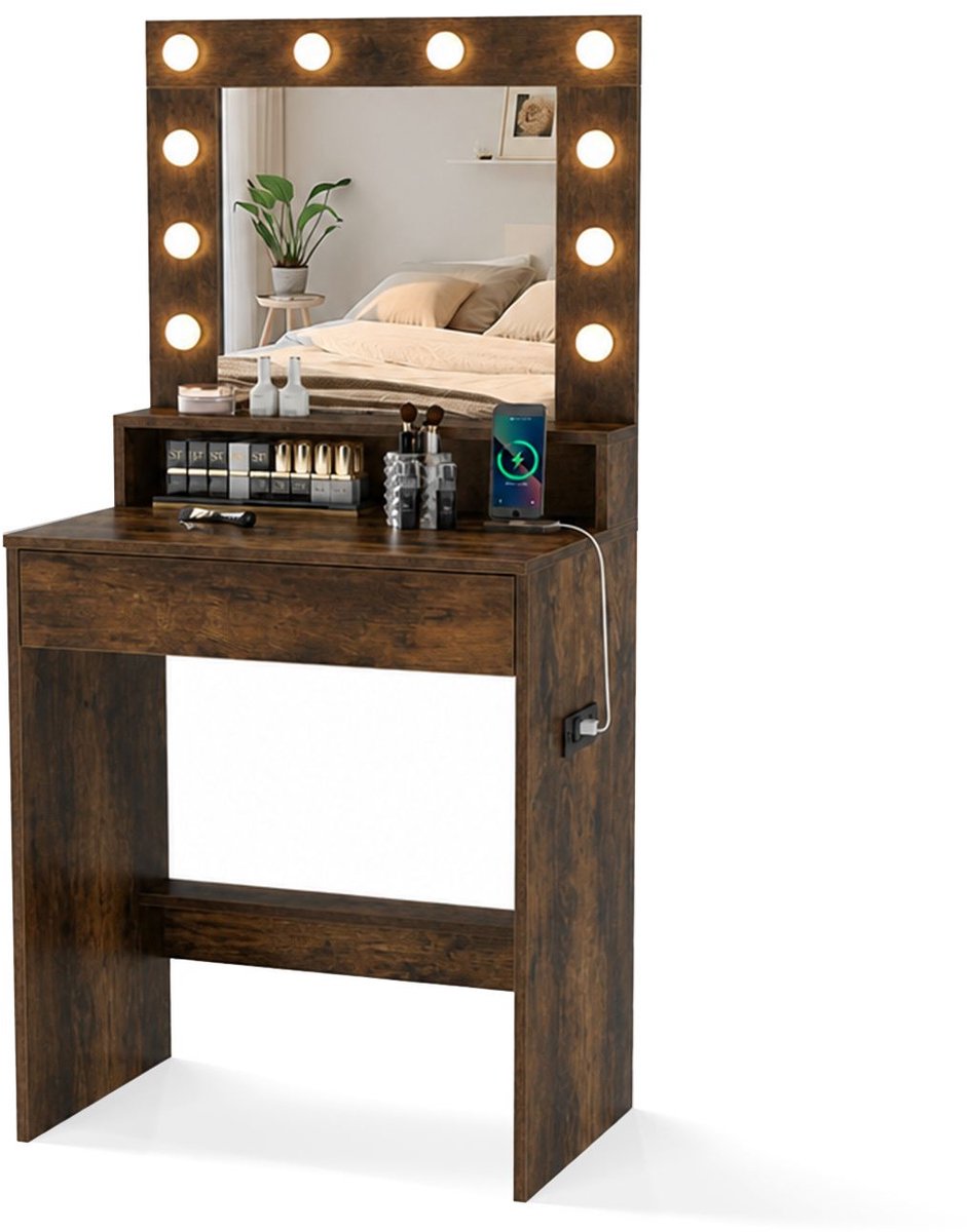 Kaptafel met spiegel - Make up tafel - Make up - Toilettafel - Met lades - 66 x 40 x 136 cm - Bruin