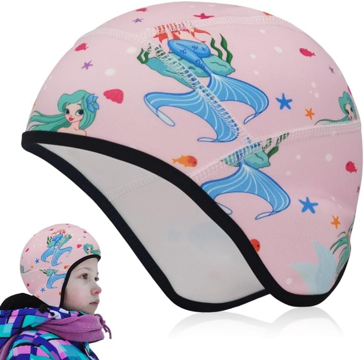 Kinderhelmmuts voor kinderen, schattige helm, ondermuts voor meisjes, warme fietsmuts, wintermuts voor skiën, roze, 45
