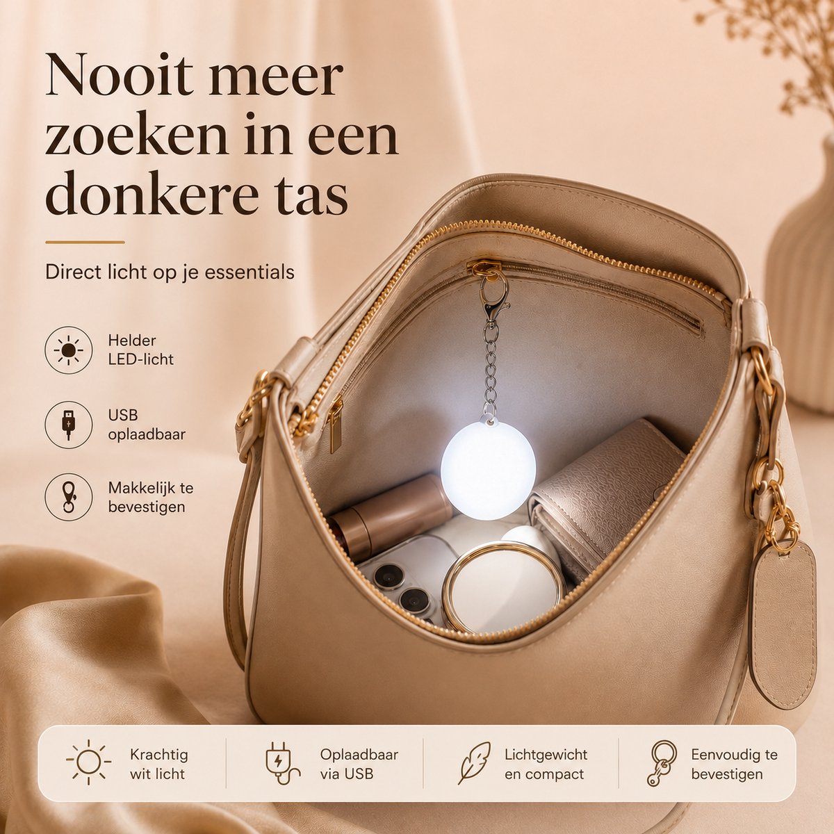 Zirkle Handtaslampje Rond – Oplaadbare USB-C LED Taslamp met Touchbediening en 2 Lichtstanden – Compacte Tasverlichting, Portemonneelampje, Mini Zaklamp, Sleutelhanger en Tashanger voor Handtas, Rugzak, Schooltas, Reistas, Koffer en Sleutelbos – Wit
