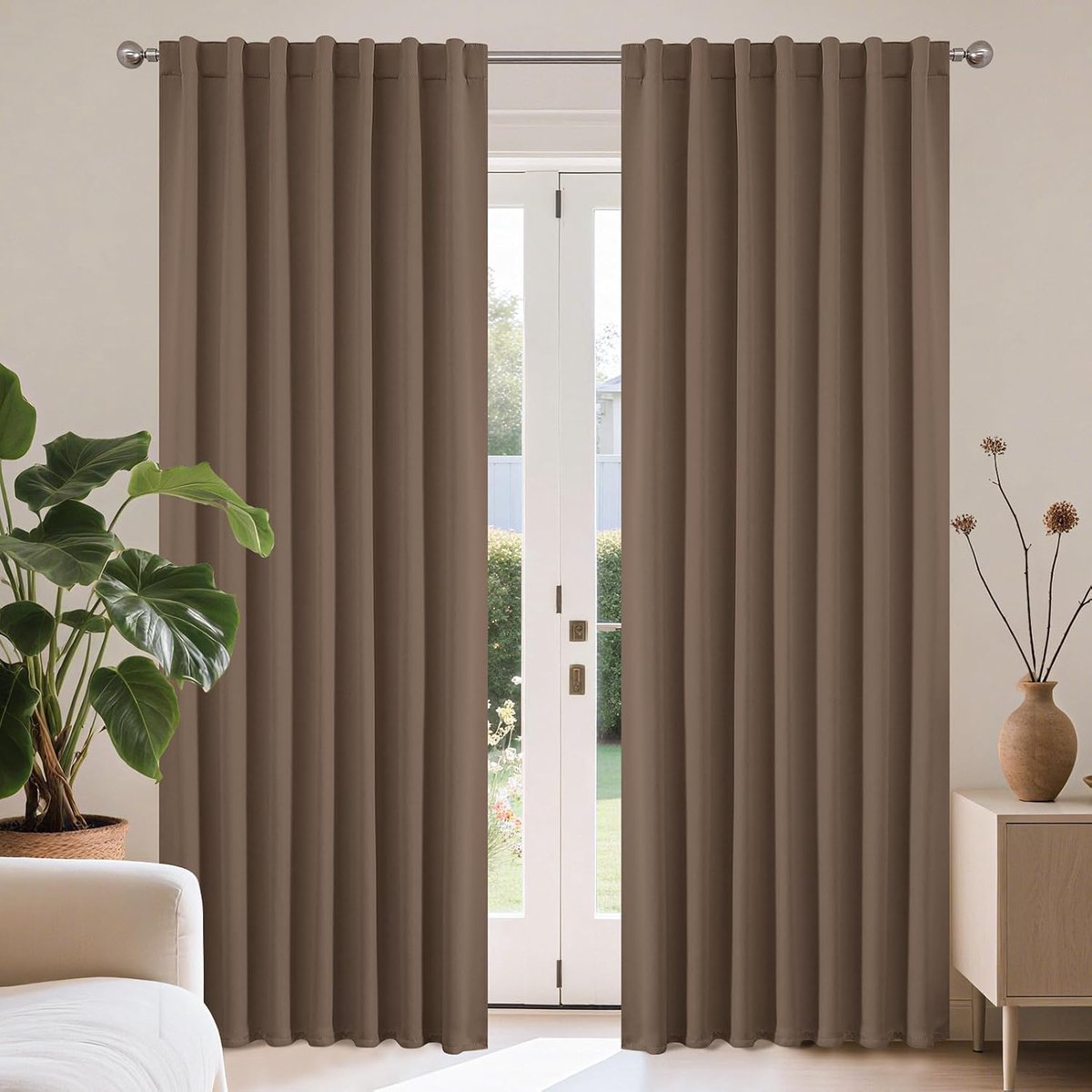 Gordijnen met verborgen lussen, set van 2, H 225 x B 140 cm, kaki, lang gordijn, thermische verduistering, stangdoorgang, ondoorzichtig, voor slaapkamer, woonkamer, modern