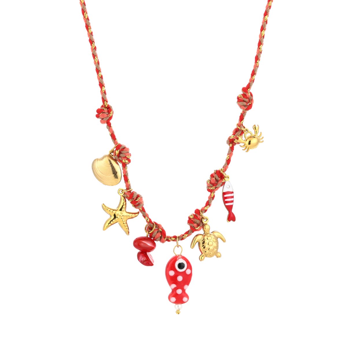 Gevlochten Cordon Ketting met Zee Bedels – Bedel Ketting Strand - Beach – RVS - Rood