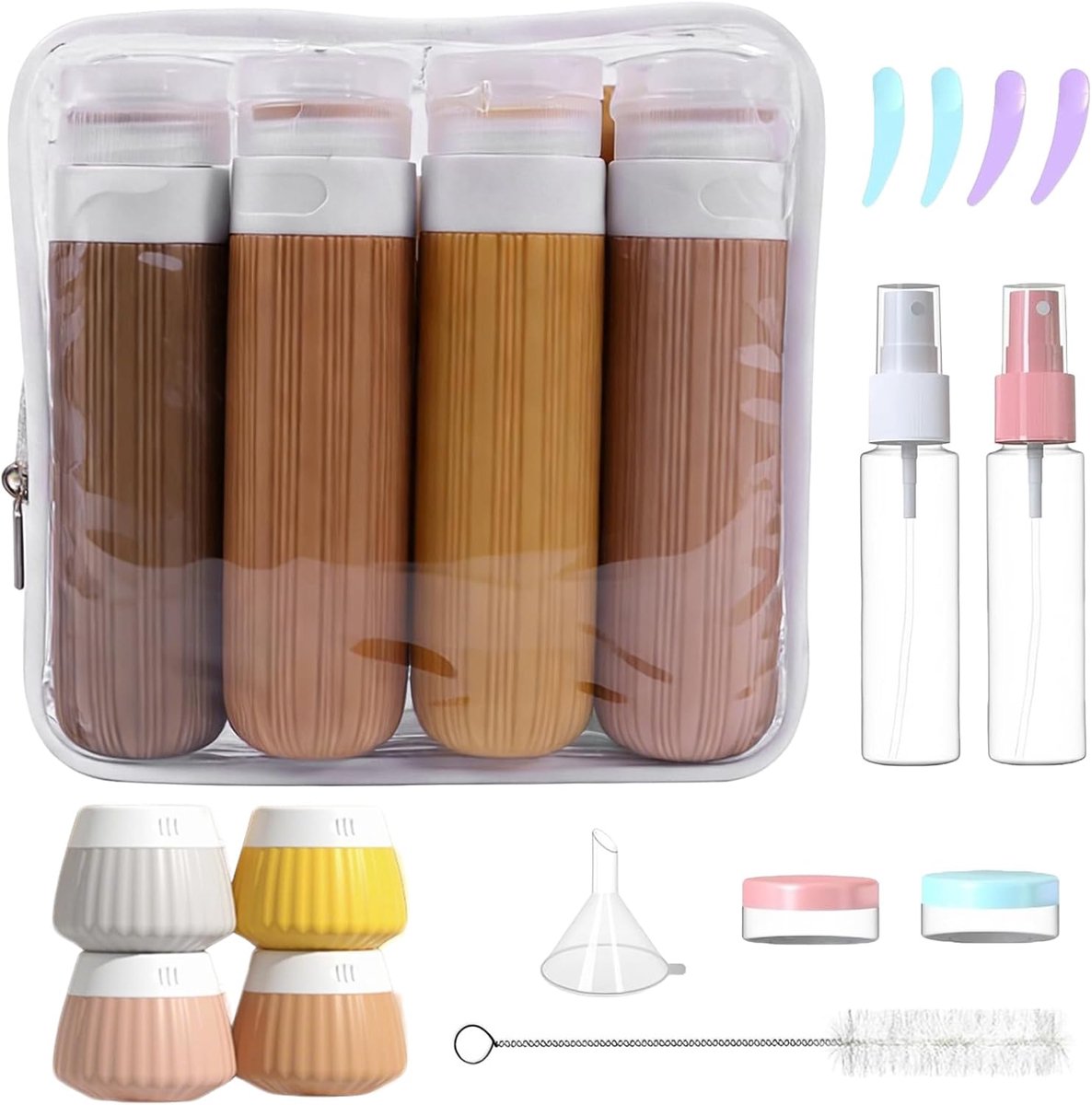 Set van 18 Siliconen Reisflessen, Herbruikbare, Om Te Vullen, Lekvrije Flessen, met Etiketten, Ideaal voor Reizen, voor Shampoo, Lotion, Douchegel, Haarconditioner (Geel)