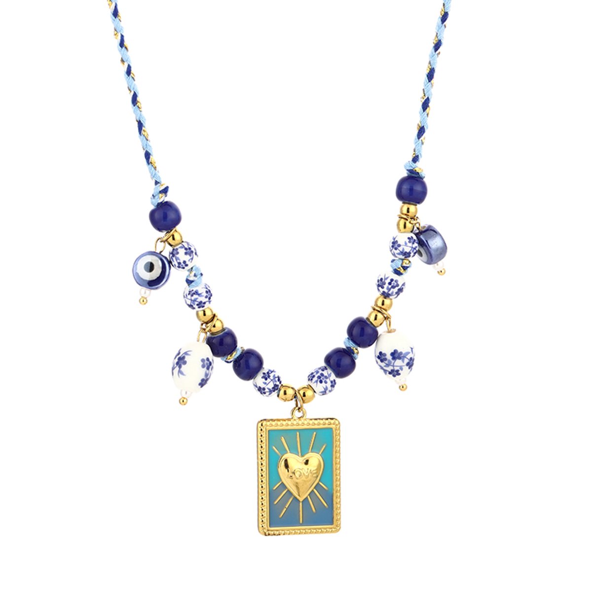 Gevlochten Cordon Kralenketting met Bedels – Bedel Ketting Strand - Beach – RVS - Blauw