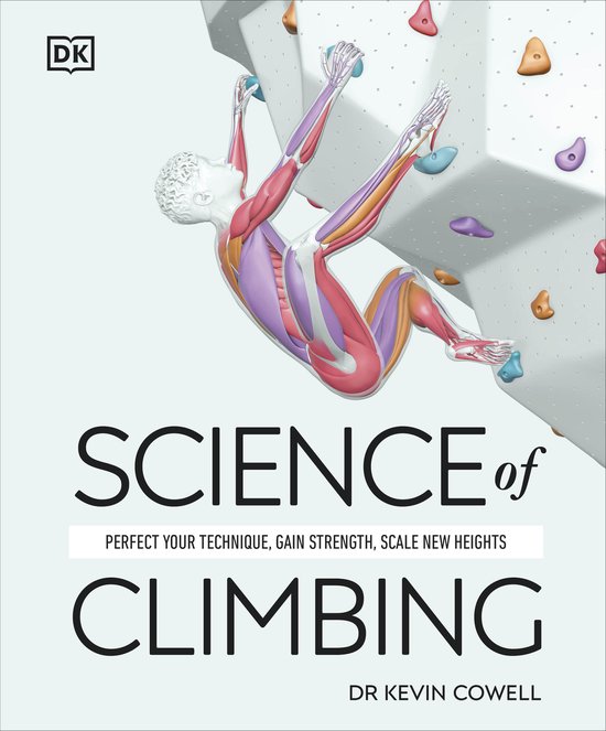 Boekomslag Science of Climbing met een 3D-anatomisch model van een klimmer op een klimmuur met gekleurde grepen.