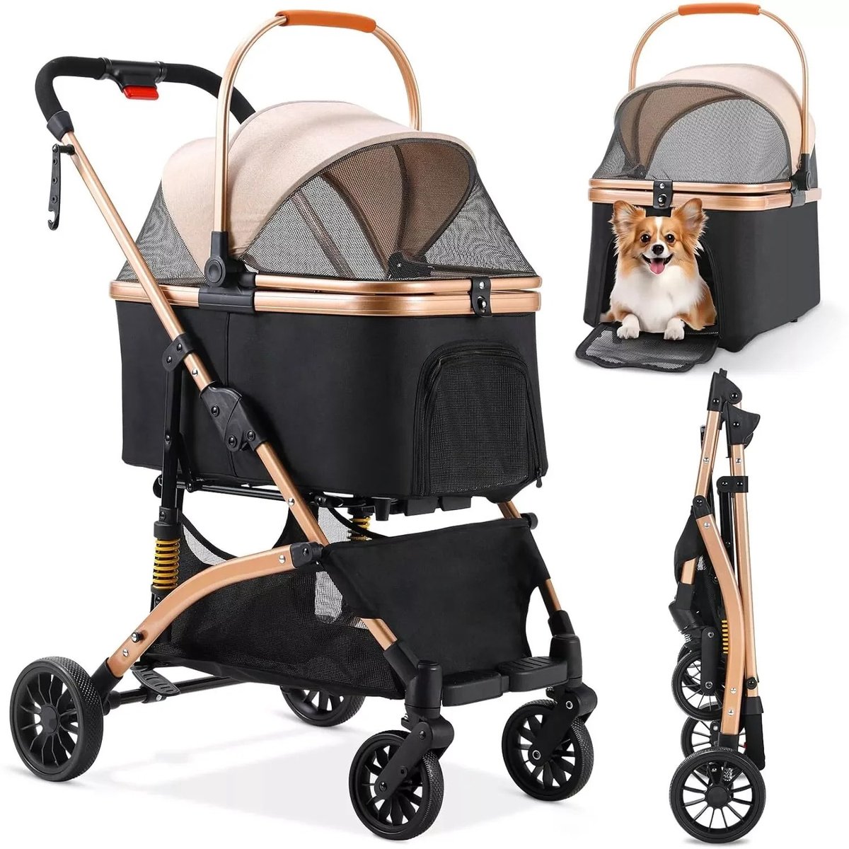 AALVERO - Hondenbuggy - Hondenvervoer - Honden kar - 2 in 1 Hondenwagen - Opvouwbaar - Draaibare en slijtvaste wielen - Zwart