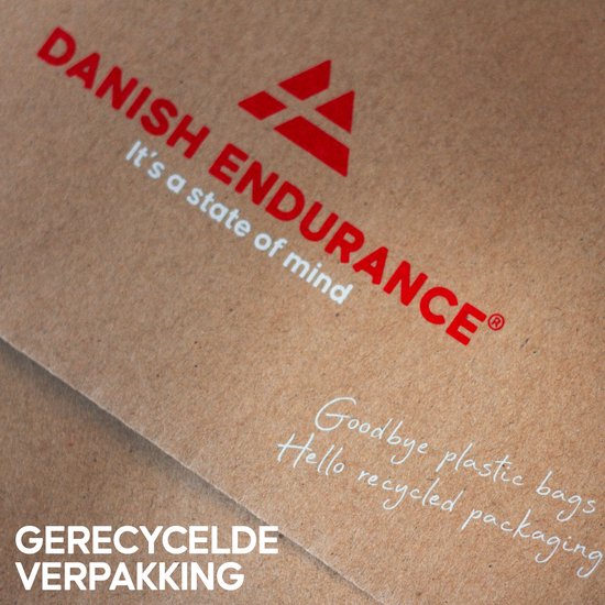 Dankbaar Endurance logo op bruine, gerecyclede verpakking. Goodbye plastic bags.
