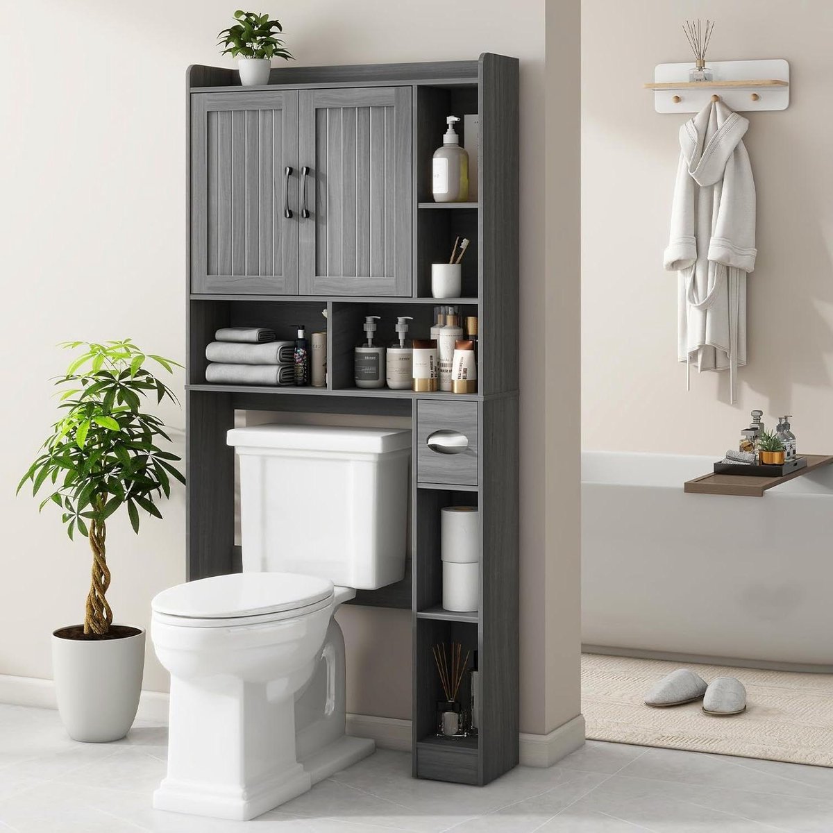 Opbergkast Toilet - Badkamerkast Boven - Badkamer Organiseren - Schuifdeuren Boerderijstijl - 171H x 76B cm - Rustiek Grijs