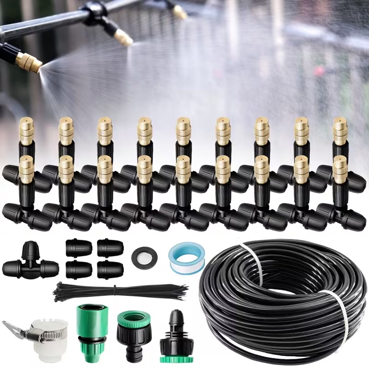 gazon- water- sproei- vernevel- installatie- 30 meterlang compleet met 20 vernevel -sproeiers