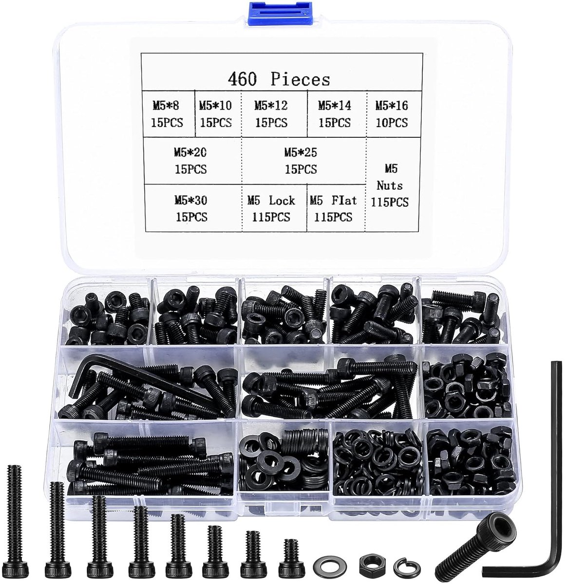 460 STUKS M5 cilinderschroeven moeren set, binnenzeskant schroeven, zeskantschroeven met moeren sluitringen, fietsschroeven, machineschroeven assortiment, draadschrouwen