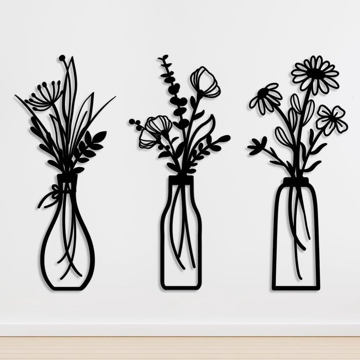 3 stuks metalen bloemen wanddecoratie, zwarte minimalistische vaas, wandkunst, metalen bloemen, wandsculptuur voor woonkamer, slaapkamer, eetkamer, terras, gangen, wanddecoratie (zwart)