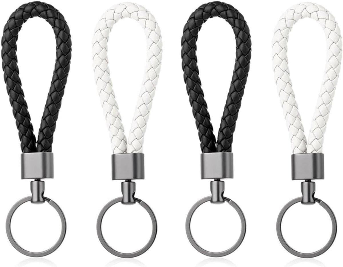 4 stuks sleutelhangers van gevlochten leer met ring, sleutelhanger voor auto, motorfiets en huis, uniseks (zwart en wit)