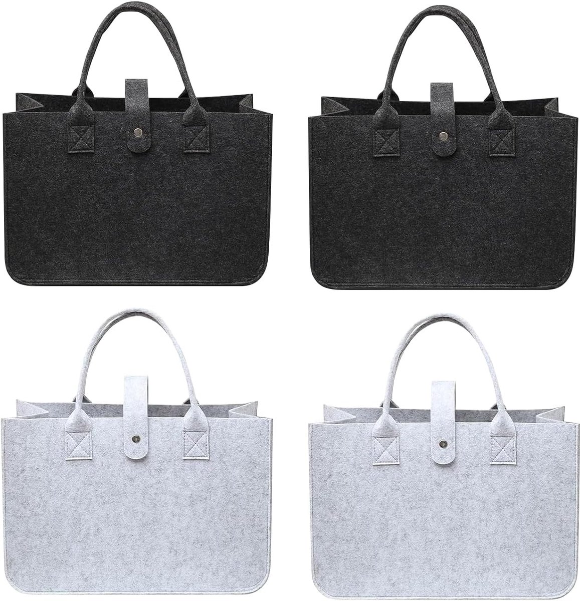 Set van 4 Vilten boodschappentassen, Opvouwbare vilten shoppers, Zwarte en lichtgrijze viltene draagtassen, Ideaal voor buiten, winkelen, opslag en picknicks, 30 x 20 x 18 cm