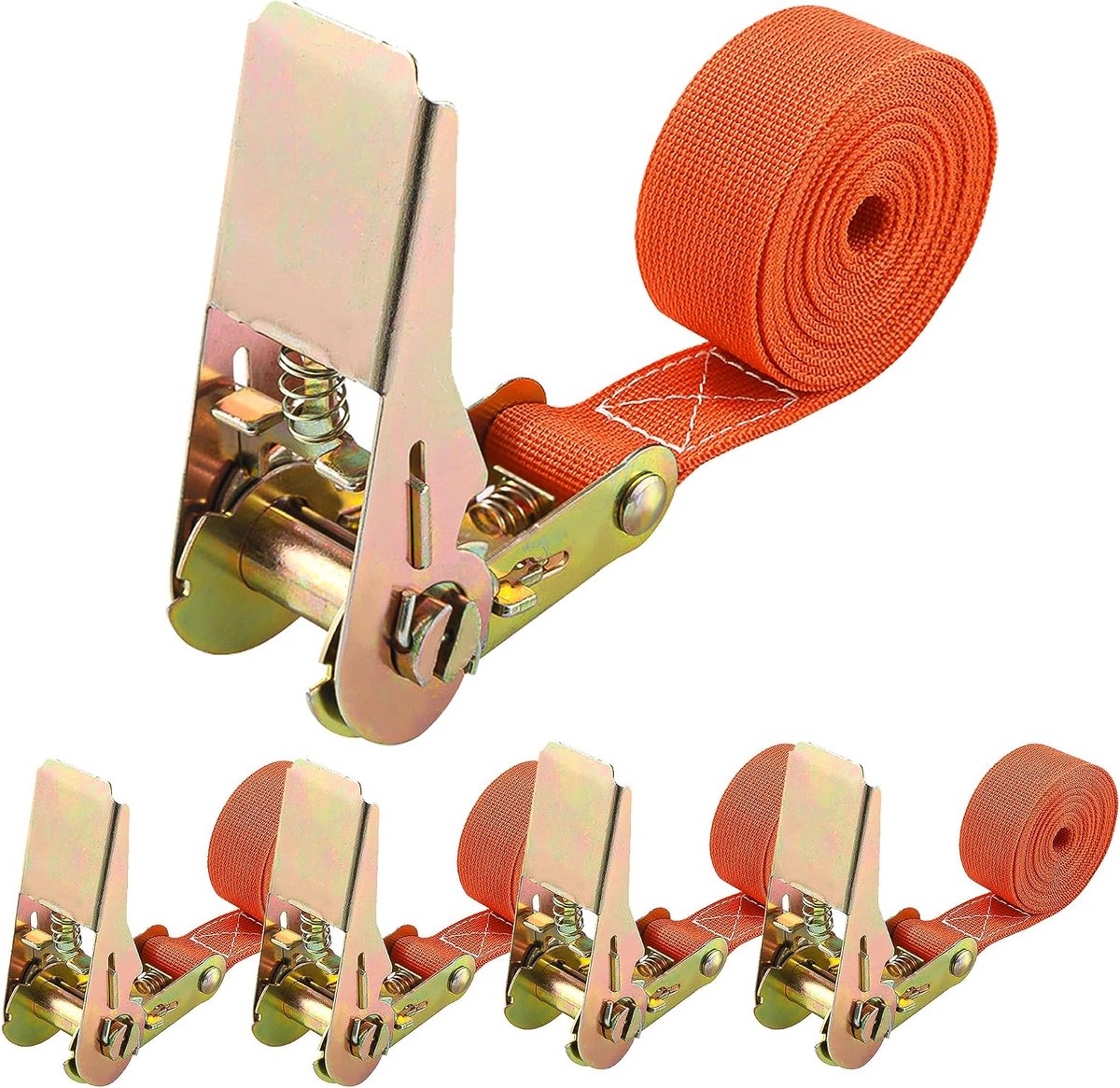Spanbanden met ratel, oranje, 2 m x 25 mm, draagkracht 900 kg, verstelbare spanbanden met ratel, eenvoudige bevestiging van ladingen, spanbanden conform DIN EN 12195-2