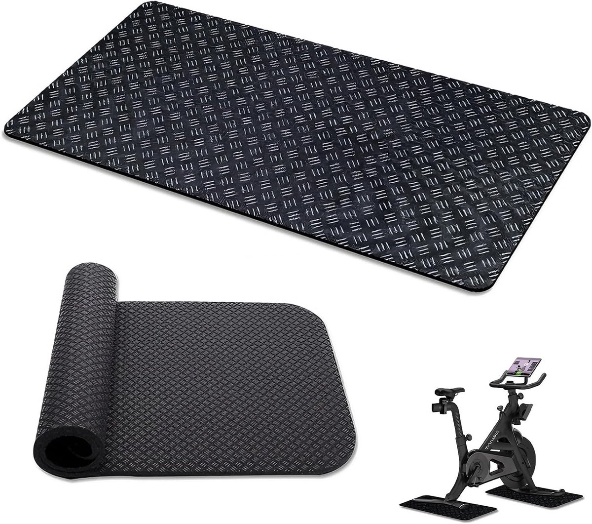 Set van 2 fitnessmatten, vloerbescherming, anti-trilling, loopband | PVC zwart 6 mm dik antislip anti-vibratie loopband fiets appartement home trainer bescherming vloer fitness sport gym