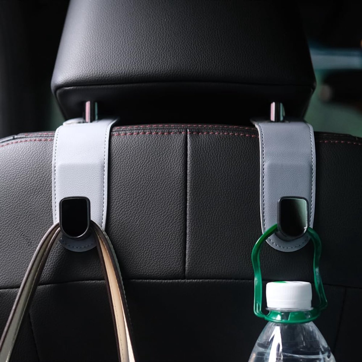 haken, 2 stuks lederen auto opslag organizer tas haken, universele auto achterbank hoofdsteun hanger voor hangtas handtas boodschappen tassen (grijs)