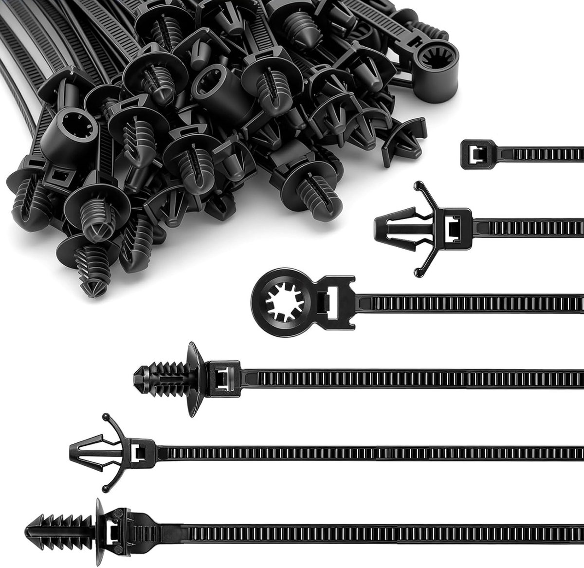 Kabelbinders voor autohouder van nylon, kabelstropdas gesp, 6 maten, kabelbinders uv-bestendig, kabelbinders met drukbevestiging, zelfborgende kabelbinders voor draadbinden