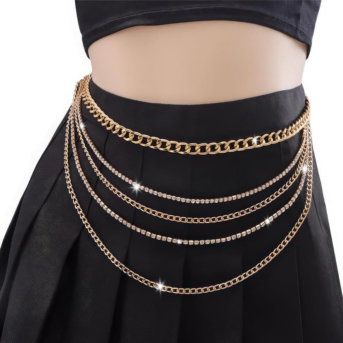 meerlaagse fonkelende strass kettingriem, goudkleurig, verstelbaar, in boho-stijl, elegante meerlaagse buikriem met dikke ketting, voor dames, jurken, jeans en rokken