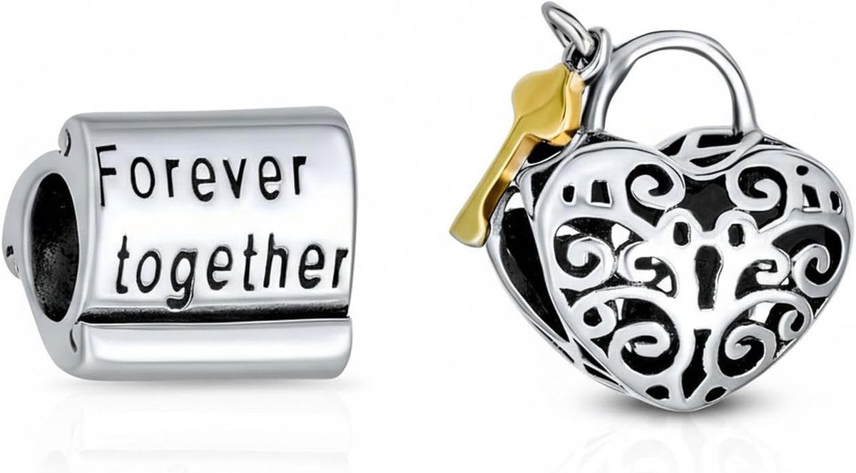Set van twee vintage stijl tweekleurige hartvorm filigraan liefdesslot & sleutel en scroll motief met de woorden "Voor altijd samen" bedelkraal .925 sterling zilver past Europese armband