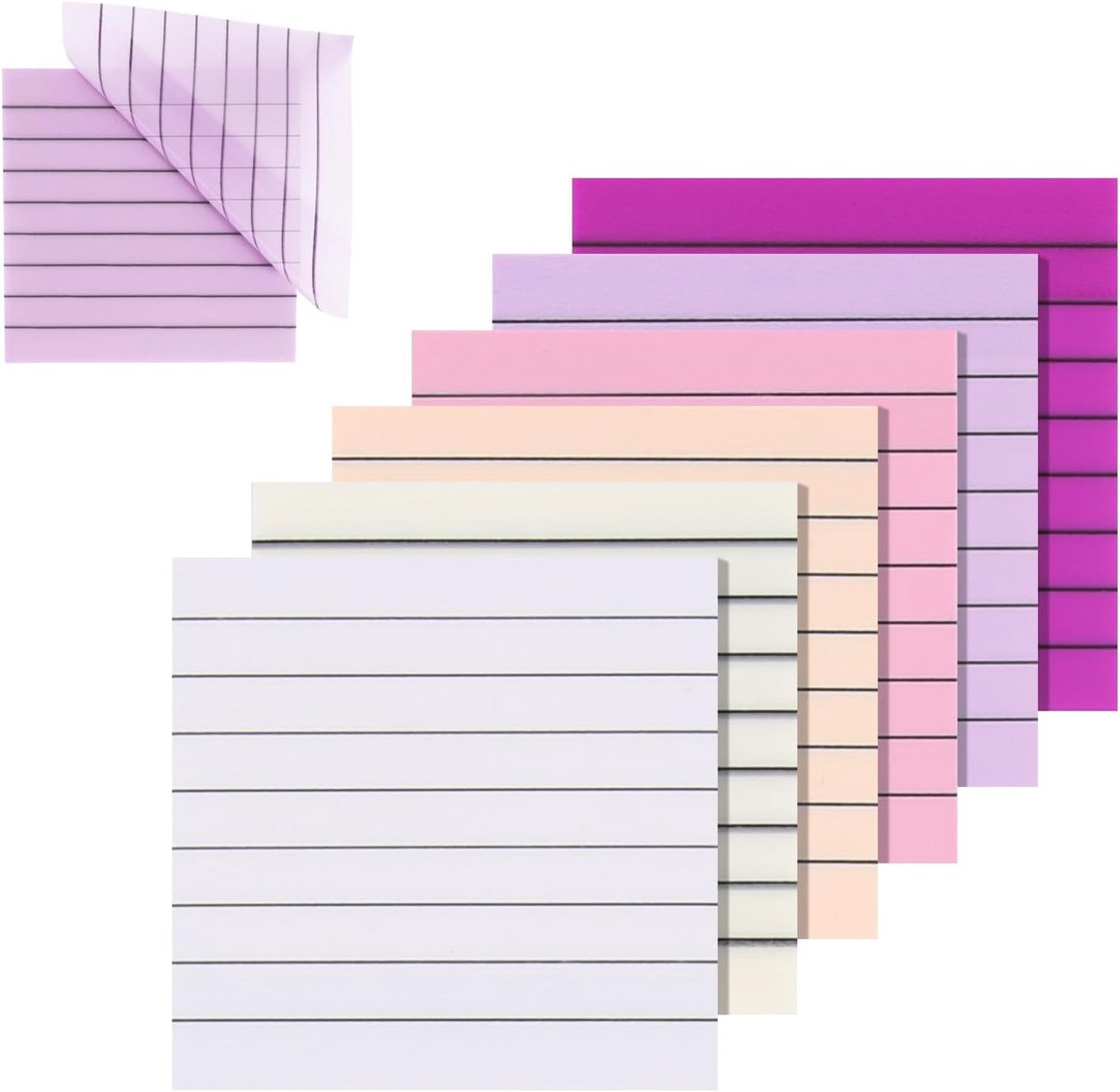 Zelfklevende notitieblaadjes, 12 pads, doorzichtige gelinieerde plakbriefjes, waterdicht, zelfklevende notitieblaadjes voor school, kantoor, thuis, 7,5 x 7,5 cm, 6 kleuren
