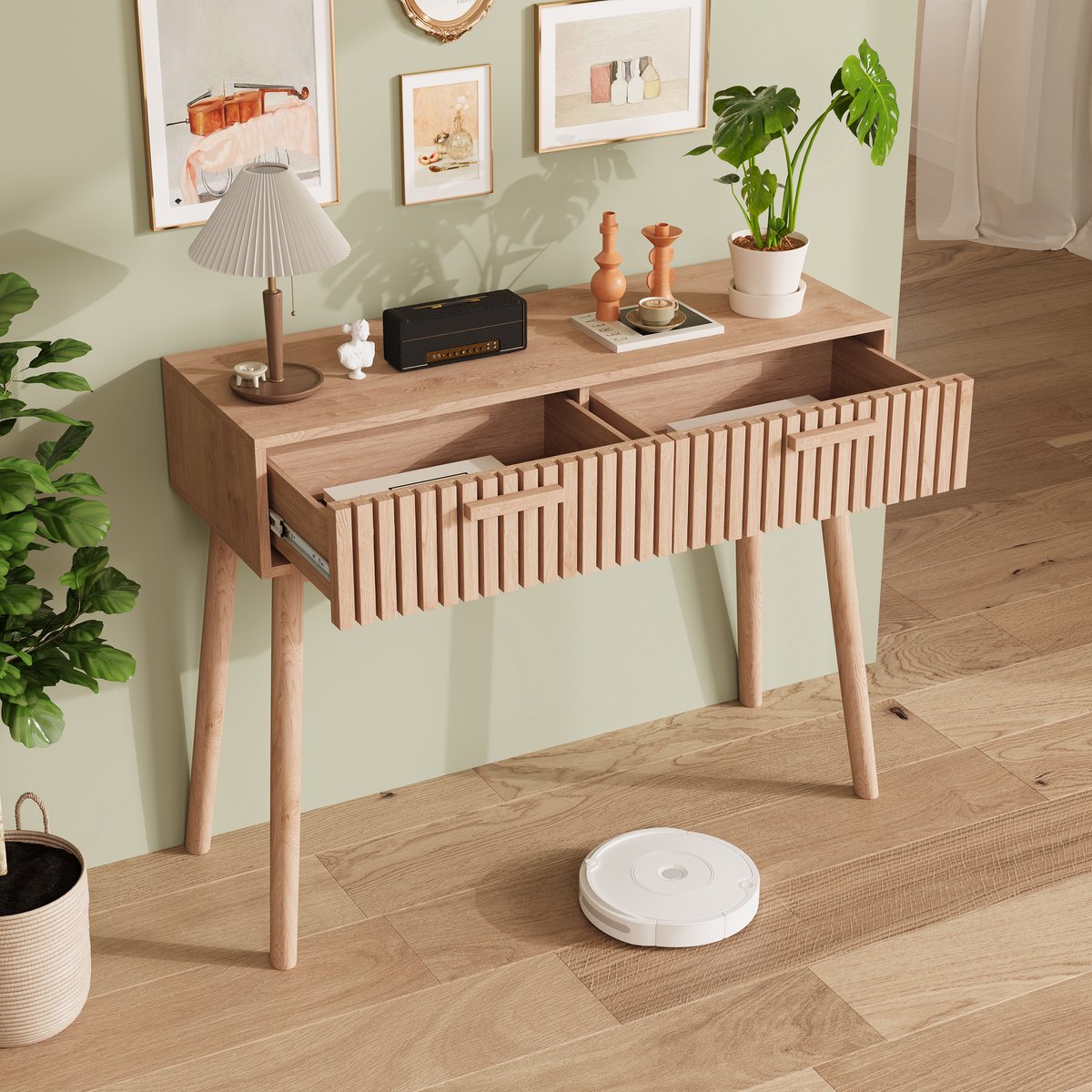 Haltafel 100x35x80 cm, consoletafel met 2 lades, houten bijzettafel voor hal en woonkamer, smalle opbergtafel in licht houtkleur